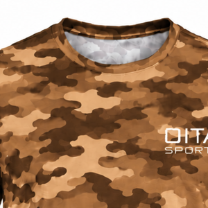 T-shirt camouflage bronze pour homme, manches courtes, col rond, imprimé camouflage, vêtements de sport athlétiques pour la salle de sport, l'entraînement, la course à pied, les exercices, les performances sportives - Product Image 3