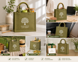 กระเป๋าผ้าปอกระเจือกแบบรักษ์โลก ขนาด 22x20x10 ซม. ลาย Think Green Live Green สำหรับใส่ของขวัญ - Product Image 4