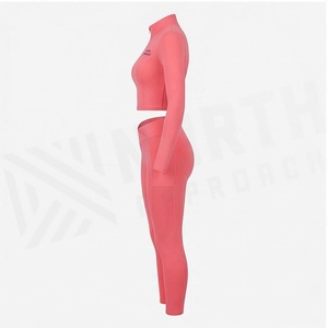 North Approach 2 Piece Yoga Set Full Length Zipper Front Solid Pink Sweat Wicking Gym Wear Women's Sportswear - Product Image 3