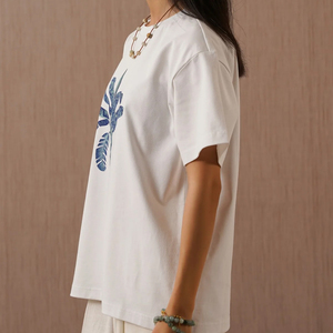 เสื้อยืดผ้าฝ้ายสีขาวสำหรับผู้หญิงพิมพ์ลายต้นปาล์มสีน้ำเงินคอกลมทรงหลวมลำลองแขนสั้นเสื้อเจอร์ซีย์ฤดูใบไม้ผลิฤดูร้อน - Product Image 2