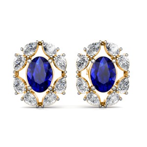 Classic 18K Gold Sapphire Stud <b>Earrings</b> With Pear Cut <b>Diamonds</b> Flower Design For Women Wedding Jewelry - Product Image 1