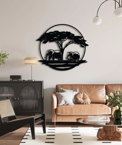 Arte Mural Circular Moderno de Hierro con Diseño de Elefante, Decoración Artesanal de Metal Negro para el Hogar, con Recubrimiento en Polvo, para Colgar - Product Image 1