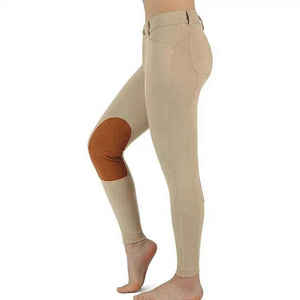 Pantalones de equitación de cintura alta para mujer, largos, de punto, de nailon y elastano, elásticos en cuatro direcciones, color beige liso, con parches en las rodillas y cremallera frontal. - Product Image 2