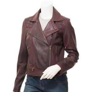 Women's Burgundy Genuine Leather Moto Jacket With Zipper Closure And Pockets Autumn Style - Product Image 1