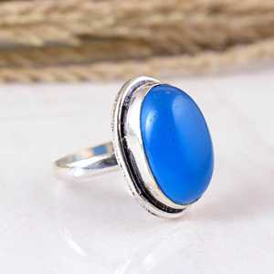 SHYAM JEWELRS Handmade Oval Blue Chalcedony <b>Statement</b> <b>Ring</b> 925 Sterling Silver Bezel Set Natural Gemstone Boho Jewelry Unisex - Product Image 3