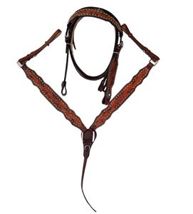 Juego de coraza y cabeza de diseño rayado verde tallado a mano Cuero de estilo occidental marrón con tachuelas para propietarios de caballos - Product Image 1