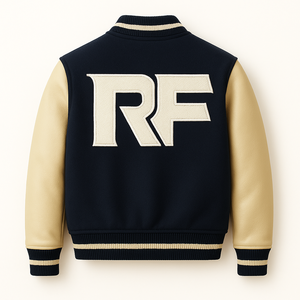 Chaqueta Universitaria de Lana Azul Marino Bordada Personalizada con Mangas de Cuero Crema y Botones a Presión - Product Image 2