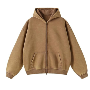 Sudadera con capucha y cremallera para hombre, de gran tamaño, color liso, forro polar, informal, para otoño, manga regular, diseño de punto teñido liso - Product Image 1