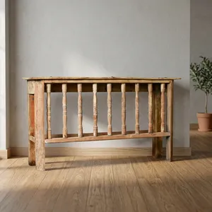 Console moderne en teck massif indien avec panneaux, meuble de salon avec détails tournés, décoration intérieure - Product Image 3