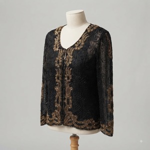 เสื้อแจ็คเก็ตเปิดด้านหน้าสีดำทองประดับลูกปัด ผ้าซาตินทันสมัย ตกแต่งด้วยมืออย่างหรูหรา พร้อมบราในตัว เหมาะสำหรับงานเลี้ยงตอนเย็น - Product Image 1