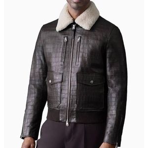 leather <b>jacket</b> featuring a croc-embossed finish and a removable <b>shearling</b> collar - Product Image 1