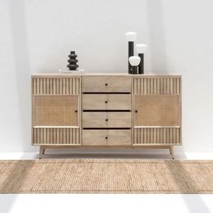 Modern Wooden <b>Sideboard</b> Cabinet Brown Side <b>Storage</b> Console with Canopy Drawer Fluted Door Rattan Insert for Living Room - Product Image 1