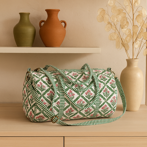 Sac de voyage en coton imprimé à la main avec motifs floraux, poignées rayées, pour le sport, les loisirs, les voyages, les escapades, durable, grande capacité - Product Image 6