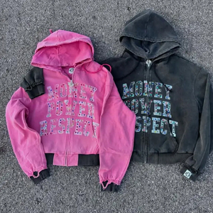 ชุดเซ็ตเสื้อฮู้ดดี้ผ้าเฟรนช์เทอร์รี่ 100% คอตตอน ประดับคริสตัล พร้อมกางเกงวอร์มทรงโอเวอร์ไซส์ ซิปหน้า ทรงบ็อกซี่ สำหรับผู้ชาย - Product Image 3