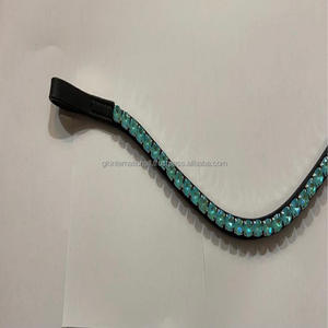 Bandeau de sourcils de cheval noir 100% en cuir véritable à vague profonde avec 1 rangée de grands cristaux ronds aqua bling, toutes tailles - Product Image 4