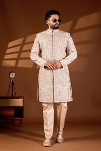 Veste Indowestern de Mariage de Luxe pour Homme, Style Sherwani, Broderie de Fils Pastel en Forme d'Arche de Pétales, Perles Fines et Micro-Paillettes Miroir, Tenue de Marié - Product Image 2