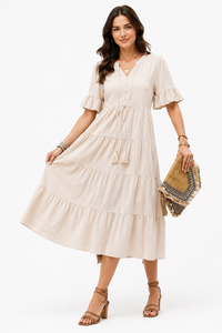 Robe midi beige à volants de haute qualité pour femmes, robe décontractée à manches courtes, col en V, en coton, style bohème, robe maxi pour l'été, prix de gros - Product Image 1