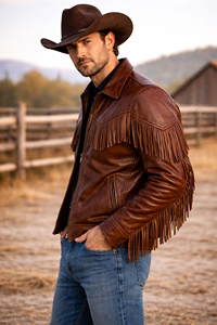 Authentic <b>Men</b>’s Cowboy Fringe <b>Leather</b> <b>Jacket</b> <b>Brown</b> Vintage Western Style Genuine <b>Leather</b> Coat with Tassel Detail - Product Image 3