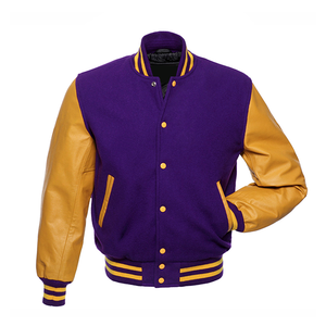 Blouson universitaire unisexe violet avec manches en laine dorée, col montant, patchwork, personnalisable, vente en gros - Product Image 3
