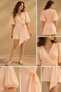 Vestido Corto Rosa con Cuello en V, Manga Corta, Corte en A, Cintura Ajustable con Lazo, Estilo Casual de Verano, 100% Algodón, Moderno - Product Image 5
