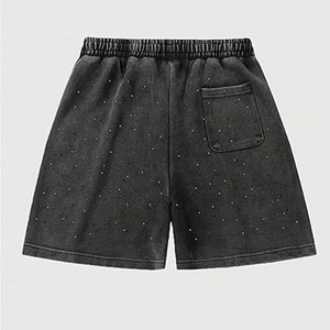 Pantalones Cortos de Felpa Pesada para Hombre con Cordón Ajustable, Cintura Media, Secado Rápido, Estilo Vintage Streetwear, Lavado Ácido, Efecto Desgastado por el Sol, con Pedrería - Product Image 2