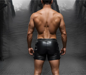 Shorts de Cuero con Tachuelas y Detalles de Remaches, Cintura Alta, Estilo Motero, Color Negro, Moda Masculina - Product Image 4