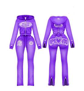 Ensemble 2 pièces streetwear femme Y2K personnalisé OEM : sweat à capuche court zippé épais et pantalon de survêtement évasé effet délavé - Product Image 6