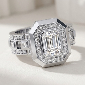 Solitaire Diamond <b>Emerald</b> Cut Lab CVD HPHT Synthetic Diamond Geometric Statement <b>Ring</b> for <b>Men</b> Custom Made in White Gold - Product Image 1