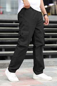 Men's <b>Black</b> Cargo Pants Elastic Waist Loose Fit Solid Color Quick Dry With Pockets All Seasons Outdoor Casual Wear - Product Image 1