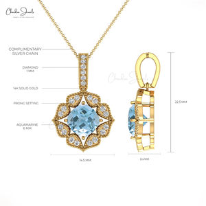 Colgante de Diseño Art Deco con Aguamarina Natural de 1 Quilate y Detalles de Diamantes en Oro Puro de 14k, Joyería Personalizada para Novias - Product Image 4