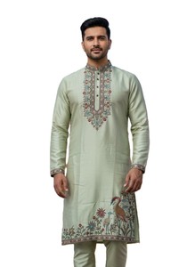 <b>Men's</b> Light Green Embroidered Soft <b>Silk</b> <b>Pajama</b> Traditional Indian Pakistani Wedding Festival Wear Regular Fit Quick Dry - Product Image 2