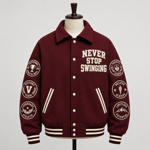 Chaqueta Varsity Bordada 'Never Stop Swinging' para Hombre, Sudadera con Capucha Informal de Otoño, Diseño con Letras Color Granate - Product Image 3