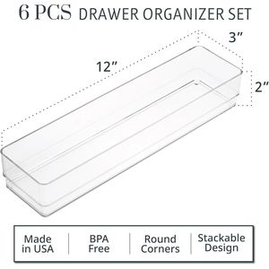 SimpleSort 6-Piece Stackable Clear Drawer Organizer Set 12\" X 3\" X 2\" <b>Rectangle</b> Trays for Narrow Makeup Vanity Storage <b>Bins</b> - Product Image 2