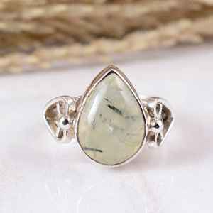 Handmade 925 Sterling Silver Natural Green Prehnite Bezel Set <b>Adjustable</b> Split-Shank <b>Ring</b> Unisex Boho Hippie Style Wedding Party - Product Image 1