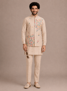 Floral Embroidered <b>Men</b> <b>Kurta</b> Pant Set Beige Satin Woven Formal Indian Outfit with Jacket - Product Image 1