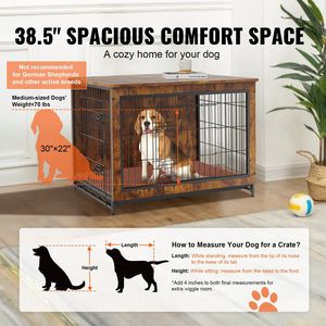 38-Inch Rustic Brown <b>Wooden</b> <b>Dog</b> <b>Crate</b> Double Doors Heavy-Duty 70LB Cage End Table Removable Tray Modern Multi-Purpose Kennel for - Product Image 4