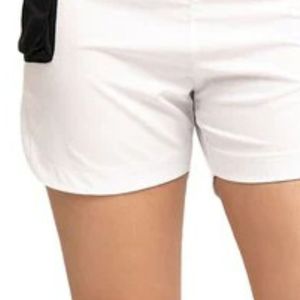 Shorts de sport blancs pour femmes avec empiècements latéraux noirs, taille à cordon de serrage, légers, pour la course et l'entraînement - Product Image 3