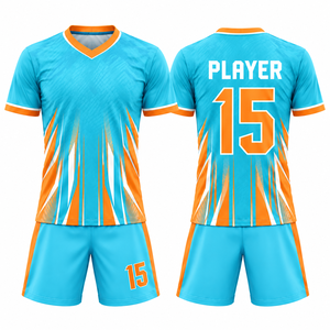 Tenue de football personnalisée bleu orange géométrique sublimée, anti-humidité, 100 % polyester, manches courtes, coupe classique pour homme adulte - Product Image 1