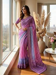 Designer Digital Print With Hand Aari Work And Hand Khatli Work Real Mirror Work with Gota Piping Border Chinon Silk <b>Saree</b> - Product Image 3