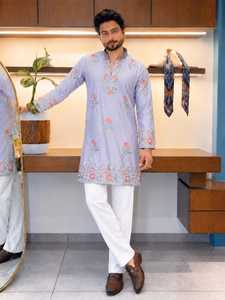 <b>Men</b> Pakistani Sherwani Suit Floral Embroidered <b>Kurta</b> Set Light Blue Formal Wedding Party Outfit - Product Image 3