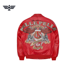 Blouson universitaire rouge en cuir PU pour homme avec logo brodé, fermeture éclair, col montant, coupe-vent, idéal pour l'hiver - Product Image 3