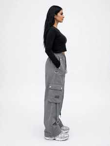 Pantalones Cargo Casuales Transpirables para Mujer, Cintura Alta, Color Gris, Pierna Ancha, Cordón Ajustable, Estilo Hip Hop Urbano con Bolsillos - Product Image 3