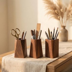 Geometric Black Walnut Pen Holder | Minimalist <b>Solid</b> Wood <b>Desk</b> Organizer | Modern <b>Wooden</b> Pencil Cup | Aesthetic Office Desktop D - Product Image 1