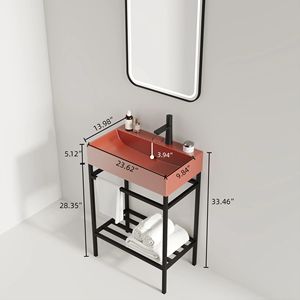 24 \ "Set di vanità da bagno rosso lucido Freestanding Console lavello rettangolare in ceramica rubinetto aperto gambe in metallo - Product Image 5