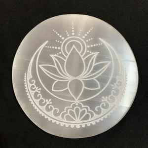 Natural Selenite <b>Crystal</b> Gemstone Charging Plate & Disk with Lotus <b>Moon</b> Engraving | Polished Faceted Meditation Reiki Tool - Product Image 1