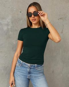 T-shirt décontracté pour femme en jersey de coton vert foncé à col en V et manches courtes, coupe classique, écologique, couleur unie, respirant, toutes saisons - Product Image 4