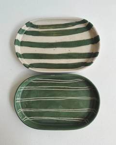 Round <b>Ceramic</b> <b>Plate</b> With Blue Stripes Handpainted Flat Dish Modern Design - Product Image 4