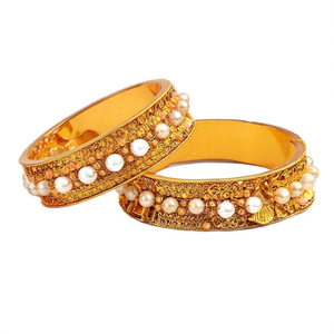 24K Gold Plated Copper Matte Kada Bangles with Pearl and <b>Ruby</b>-Trendy Vintage Religious <b>Bracelets</b> - Product Image 2