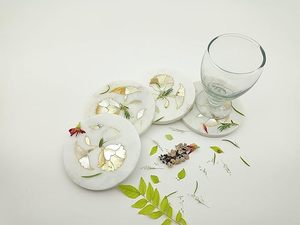 Luxury White <b>Marble</b> Floral <b>Coaster</b> Set Handmade Decorative Drink <b>Coasters</b> with Inlaid Flower Design - Product Image 1