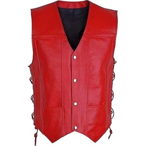 เสื้อกั๊กหนังแท้สีแดงสำหรับขี่มอเตอร์ไซค์ 10 กระเป๋า - Product Image 1